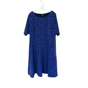 Land's End Plus Blue Black Work Velvet Brocade Ornate Short Sleeve Dress Size 1X